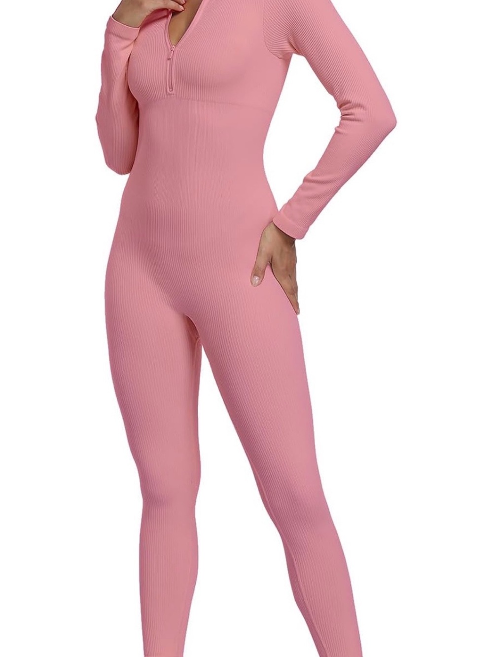 NEW SEALED Pink Women Long Sleeve Workout Jumpsuit Ribbed Zip Up Leggings Romper